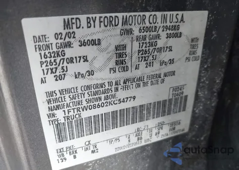 2002 Ford F-150 Lariat/Xlt from USA, damaged, VIN 1FTRW08602KC54779